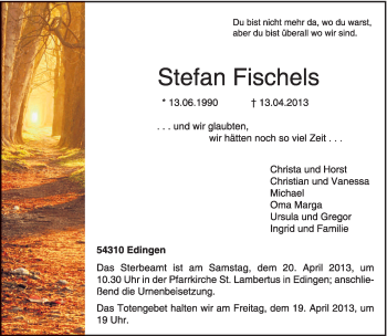 Todesanzeige von Stefan Fischels von TRIERISCHER VOLKSFREUND