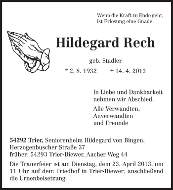 Todesanzeige von Hildegard Rech von TRIERISCHER VOLKSFREUND