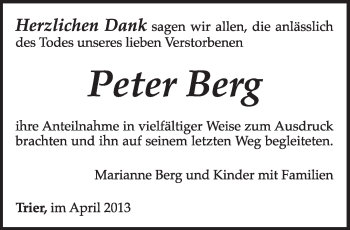 Todesanzeige von Peter Berg von TRIERISCHER VOLKSFREUND