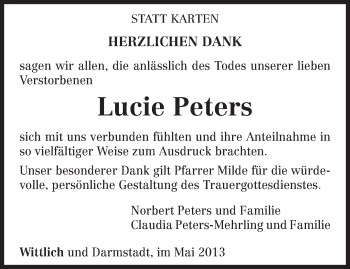 Todesanzeige von Lucie Peters von TRIERISCHER VOLKSFREUND