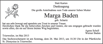 Todesanzeige von Marga Baden von TRIERISCHER VOLKSFREUND