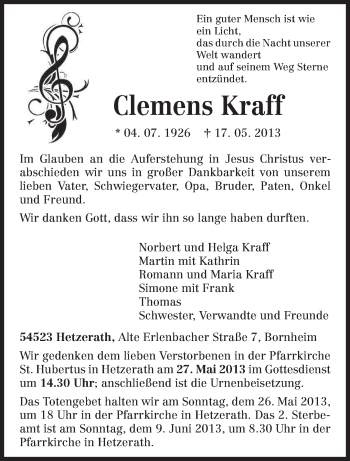 Todesanzeige von Clemens Kraff von TRIERISCHER VOLKSFREUND