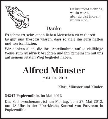 Todesanzeige von Alfred Münster von TRIERISCHER VOLKSFREUND
