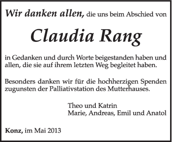 Todesanzeige von Claudia Rang von TRIERISCHER VOLKSFREUND