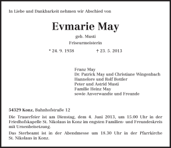 Todesanzeige von Evmarie May von TRIERISCHER VOLKSFREUND