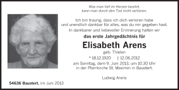 Todesanzeige von Elisabeth Arens von TRIERISCHER VOLKSFREUND