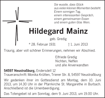 Todesanzeige von Hildegard Mainz von TRIERISCHER VOLKSFREUND