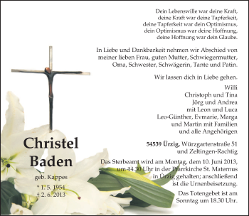 Todesanzeige von Christel Baden von TRIERISCHER VOLKSFREUND