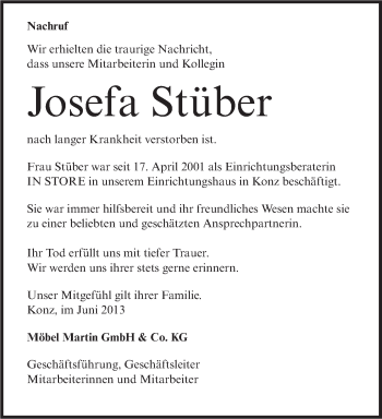 Todesanzeige von Josefa Stüber von TRIERISCHER VOLKSFREUND