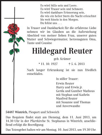 Todesanzeige von Hildegard Reuter von TRIERISCHER VOLKSFREUND