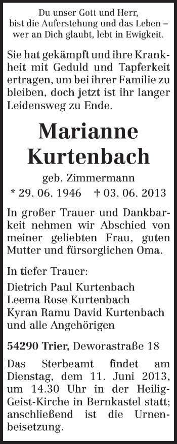 Todesanzeige von Marianne Kurtenbach von TRIERISCHER VOLKSFREUND