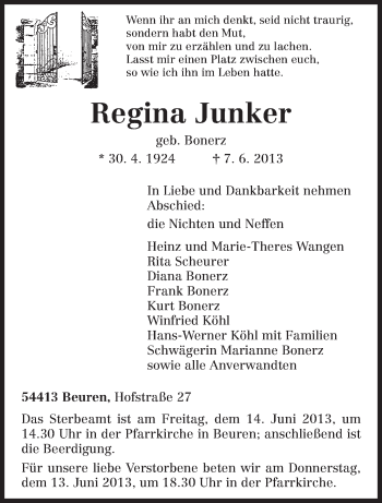 Todesanzeige von Regina Junker von TRIERISCHER VOLKSFREUND