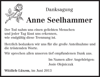 Todesanzeige von Anne Seelhammer von TRIERISCHER VOLKSFREUND