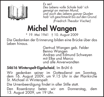 Todesanzeige von Michel Wangen von TRIERISCHER VOLKSFREUND