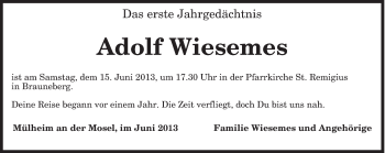 Todesanzeige von Adolf Wiesemes von TRIERISCHER VOLKSFREUND