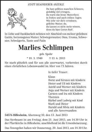 Todesanzeige von Marlies Schlimpen von TRIERISCHER VOLKSFREUND