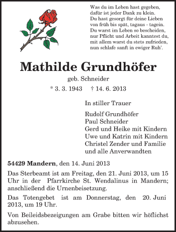 Todesanzeige von Mathilde Grundhöfer von TRIERISCHER VOLKSFREUND