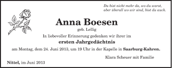 Todesanzeige von Anna Boesen von TRIERISCHER VOLKSFREUND