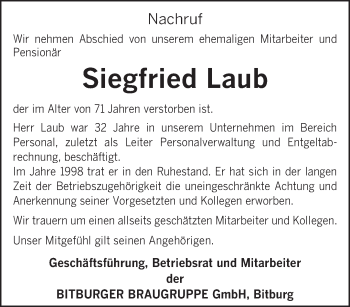 Todesanzeige von Siegfried Laub von TRIERISCHER VOLKSFREUND