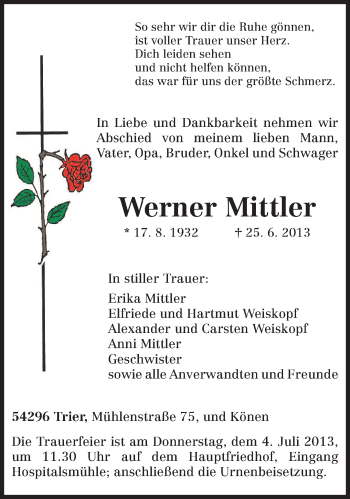 Todesanzeige von Werner Mittler von TRIERISCHER VOLKSFREUND