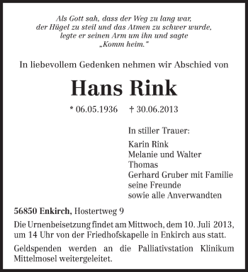 Todesanzeige von Hans Rink von TRIERISCHER VOLKSFREUND