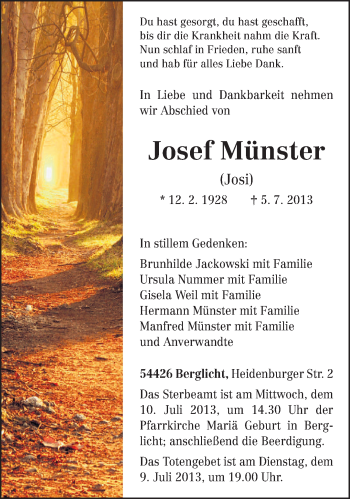 Todesanzeige von Josef Münster von TRIERISCHER VOLKSFREUND