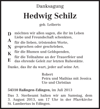 Todesanzeige von Hedwig Schilz von TRIERISCHER VOLKSFREUND