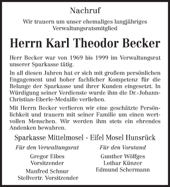 Todesanzeige von Karl Theodor Becker von TRIERISCHER VOLKSFREUND