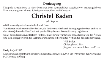 Todesanzeige von Christel Baden von TRIERISCHER VOLKSFREUND