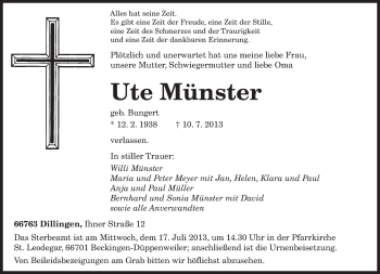 Todesanzeige von Ute Münster von TRIERISCHER VOLKSFREUND
