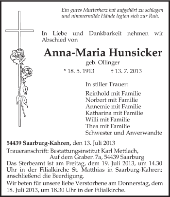 Todesanzeige von Anna-Maria Hunsicker von TRIERISCHER VOLKSFREUND