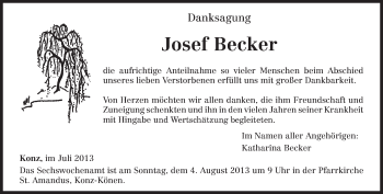 Todesanzeige von Josef Becker von TRIERISCHER VOLKSFREUND