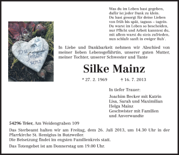 Todesanzeige von Silke Mainz von TRIERISCHER VOLKSFREUND