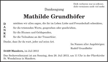 Todesanzeige von Mathilde Grundhöfer von TRIERISCHER VOLKSFREUND