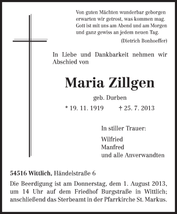 Todesanzeige von Maria Zillgen von TRIERISCHER VOLKSFREUND