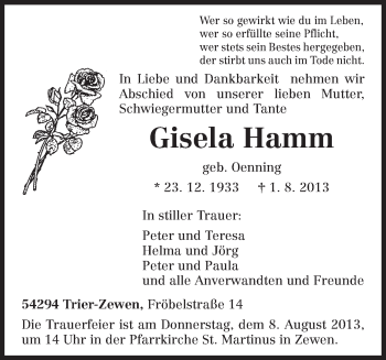 Todesanzeige von Gisela Hamm von TRIERISCHER VOLKSFREUND