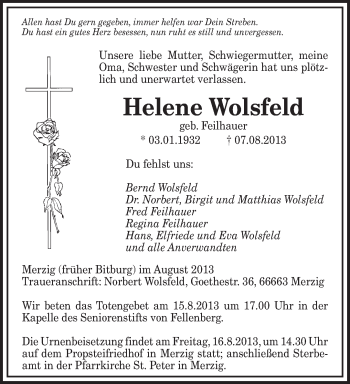 Todesanzeige von Helene Wolsfeld von TRIERISCHER VOLKSFREUND