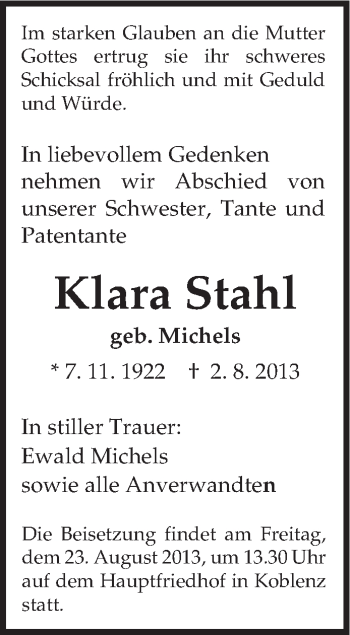 Todesanzeige von Klara Stahl von TRIERISCHER VOLKSFREUND