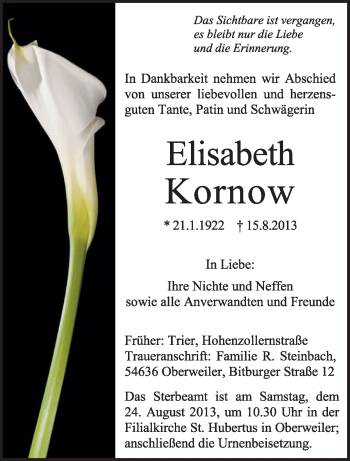 Todesanzeige von Elisabeth Kornow von TRIERISCHER VOLKSFREUND