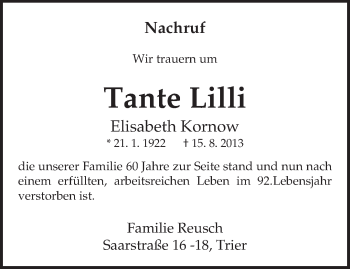 Todesanzeige von Elisabeth Kornow von TRIERISCHER VOLKSFREUND