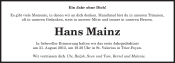 Todesanzeige von Hans Mainz von TRIERISCHER VOLKSFREUND