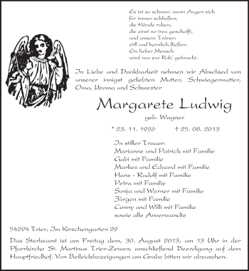 Todesanzeige von Margarete Ludwig von TRIERISCHER VOLKSFREUND