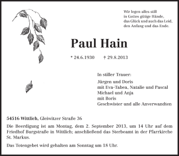 Todesanzeige von Paul Hain von TRIERISCHER VOLKSFREUND