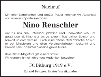 Todesanzeige von Nino Renschler von TRIERISCHER VOLKSFREUND