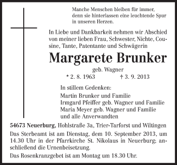 Todesanzeige von Margarete Brunker von TRIERISCHER VOLKSFREUND