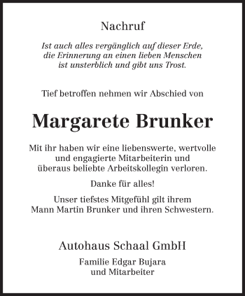 Todesanzeige von Margarete Brunker von TRIERISCHER VOLKSFREUND
