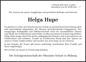 Todesanzeige von Helga Hupe von TRIERISCHER VOLKSFREUND