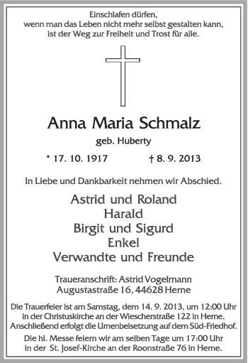 Todesanzeige von Anna Maria Schmalz von TRIERISCHER VOLKSFREUND