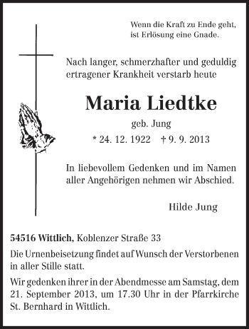 Todesanzeige von Maria Liedtke von TRIERISCHER VOLKSFREUND