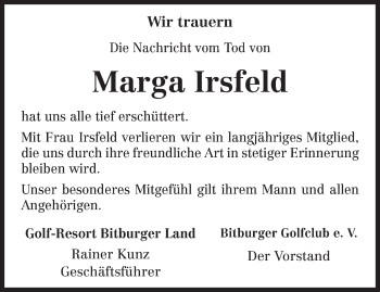 Todesanzeige von Marga Irsfeld von TRIERISCHER VOLKSFREUND